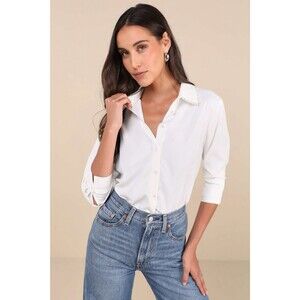 Lulu’s Upscale Composure Blouse White Pearl Trim Long Sleeve Size S NWOT